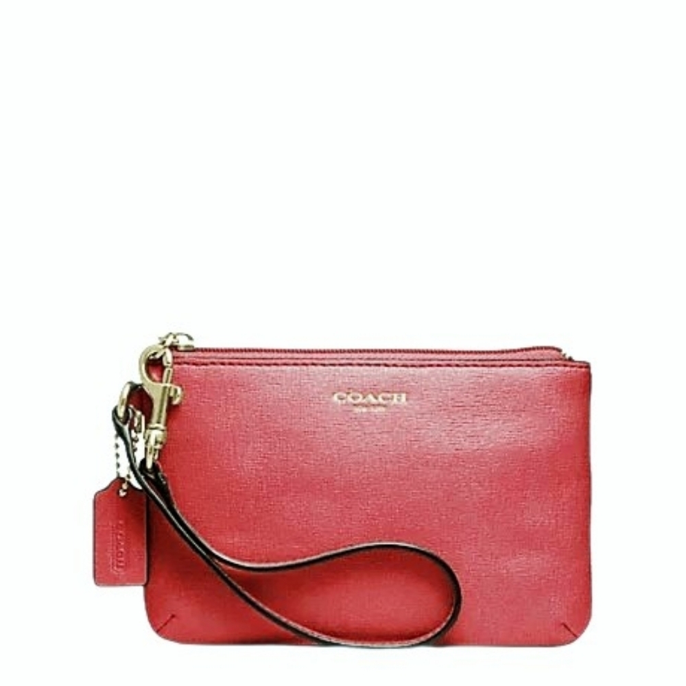 ♥️ Coach True Red Vermillion Saffiano Leather Small Mini Zip Wristlet Pouch Bag